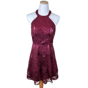 Sequin Hearts Burgundy Lace & Sequined Homecoming Halter Neck Dress Size 11